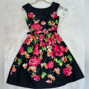 ELIZA J Dress Fit and Flare Black Pink Floral Size 2
